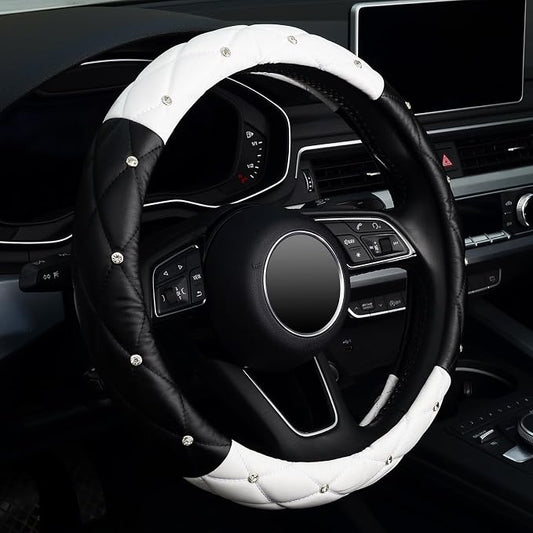 KAFEEK Diamond Soft Leather Steering Wheel Cover with Bling Bling Crystal Rhinestones, Universal 15 inch, Black White