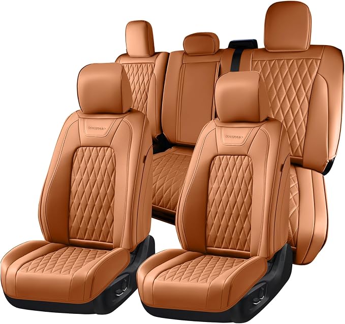 Coverado Premium Leather Full Set Seat Covers Waterproof Heavy-Duty Protectors Custom Fit for Ford F150 (2015-2026) F250/F350/F450 (2017-2026)-Orange, Stain-Resistant