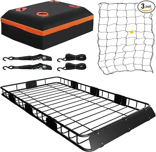 WEIZE Roof Rack Carrier Basket Universal Rooftop 64" x 39" x 5" Large Size Roof Rack + Waterproof Bag, Cargo Net with Attachment Hooks, Ratchet Straps for SUV, Truck