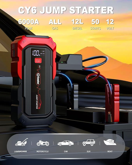 Jump Starter Battery Jumper Starter Portable Car Battery Jump Starter for Up tp All Gas & 12L Diesel, 12V 6000A Portable Jump Box with 3 Modes Flashlight and Jumper Cable