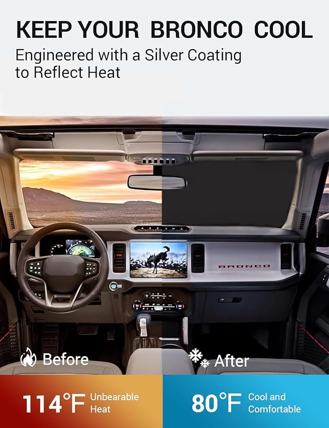 Proadsy 2026 Upgrade Windshield Sun Shade Custom Fit Ford Bronco 2/4-Door 2021-2025 2026 Foldable Front Sunshade Protector Blocks UV Rays Keep Car Cooler