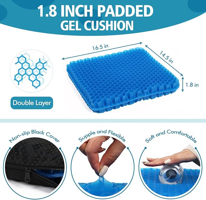 Seat Cushion, 1.8" Double Thick Cooling Egg Gel Seat Cushions for Long Sitting, Strong Support, Sciatica & Back Pain Relief, Breathable Cool Suitable as Office Chair, Car Seat, Wheelchair Cushion