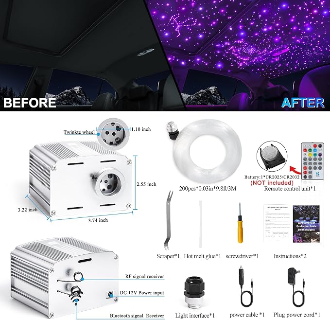 Fiber Optic Car Starlight Headliner Kit, Twinkle & Sound Activated RGBW 16W 200pcs*0.03in*6.5ft Fiber Strands Car Star Roof Lights with APP& Remote Controlled, Ceiling Star Lights for Home/Car Decor