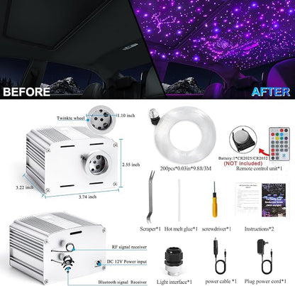 Fiber Optic Car Starlight Headliner Kit, Twinkle & Sound Activated RGBW 16W 200pcs*0.03in*6.5ft Fiber Strands Car Star Roof Lights with APP& Remote Controlled, Ceiling Star Lights for Home/Car Decor