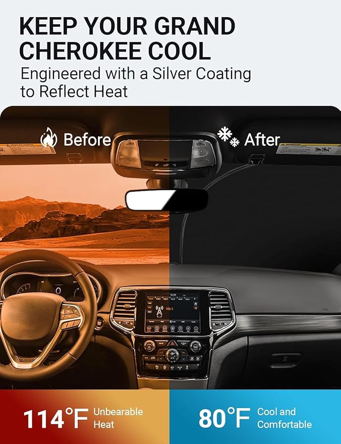 Proadsy Windshield Sun Shade for Jeep Grand Cherokee 2014-2025 2026 4-Layer Foldable Front Sunshade Protector Sun Visor Blocks UV Rays Keep Car Cooler