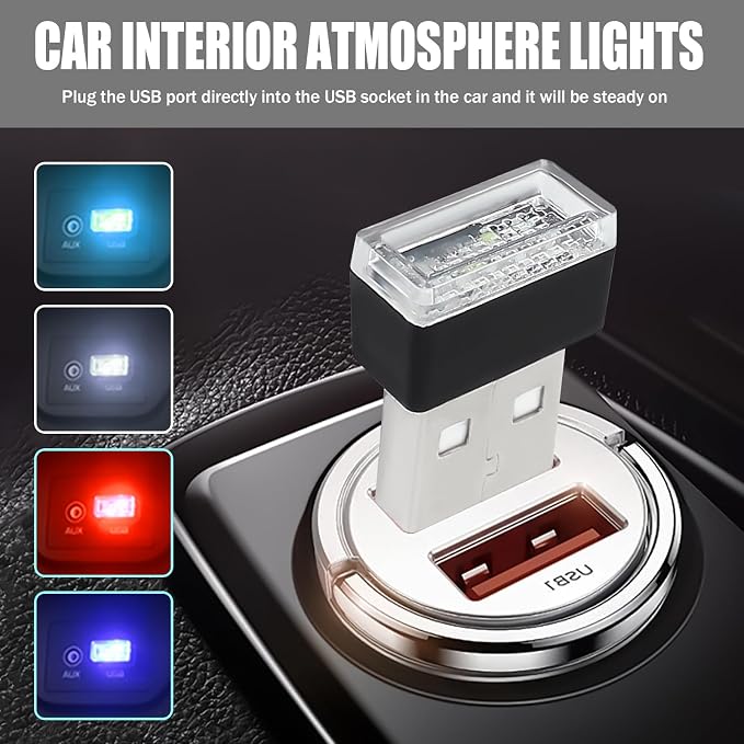 4 PCS USB LED Car Interior Atmosphere Lamp, Portable Mini Auto LED Decor Night Light, Plug-in USB Interface Ambient Lighting Kit, Universal Car Interior Accessories(White+Blue+Red+Ice Blue)