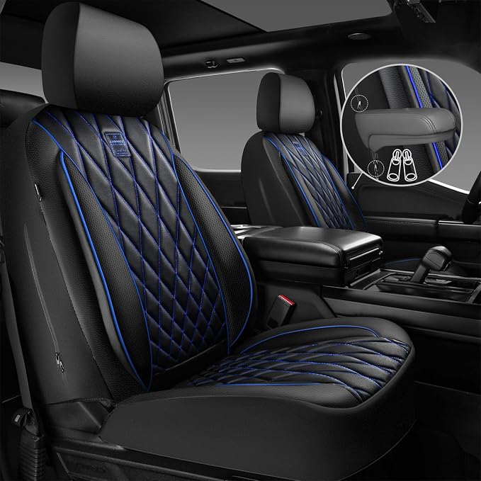 CAR PASS Piping Luxury PU Leather Two Front Car Seat Covers,Waterproof Anti- Slip Seat Covers Compatible with Front Seat Armrests,Universal Fit for Suvs,Vans,Trucks,Airbag Compatible(Black and Blue)
