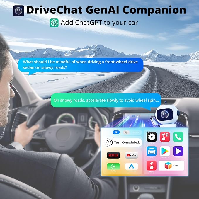 Portable AI Box CarPlay -2025 Upgrade Wireless CarPlay Adapter Compatible with YouTube, Plug & Play Smart AI Box Support DriveChat, Dual Bluetooth, Dual Wi-Fi, Max 128GB TF Card