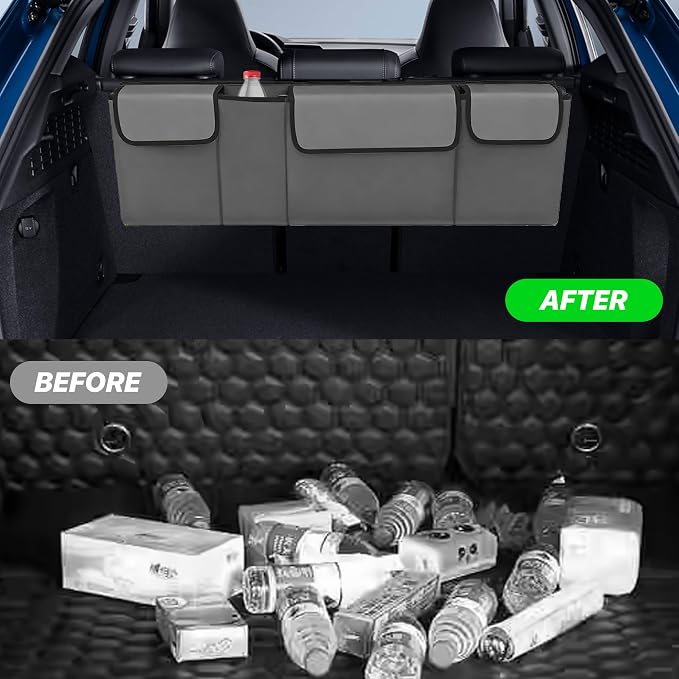 Car Trunk Organizer, Waterproof Backseat Hanging Large Storage with Adjustable Straps, Collapsible Cargo Bag with 4 Pockets, Car Interior Accessories for Truck, SUV, MPV (Gray)