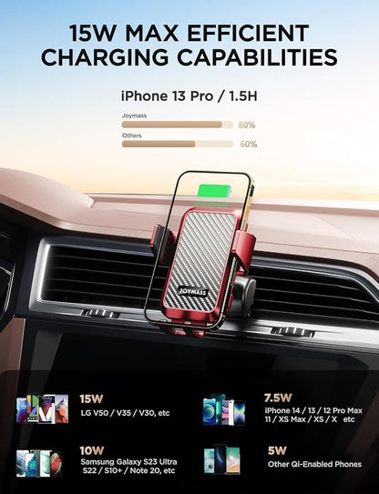 JOYMASS Wireless Car Charger, Phone Holders for Your Car, 15W Auto Clamping Phone Mount Car Accessories for iPhone 16 15 14 13 12 Mini Pro Max 11, Samsung Galaxy S24 Ultra S23 S22+ Note 20, etc - Red