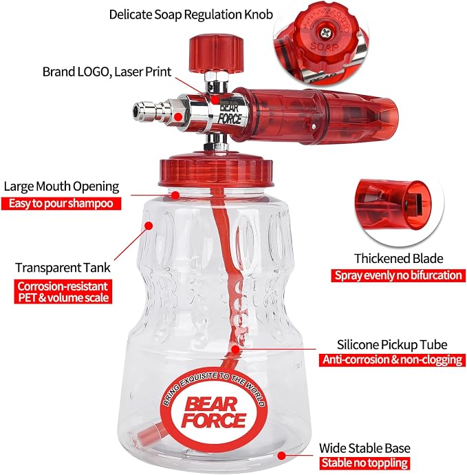 BEAR FORCE Pressure Washer Spray Gun Power Washer Short Gun with M22-ID14mm & Foam Cannon Foam Gun with 5 Nozzles Tips #035 & 3/8'' Quick Connector Swivel, Additional Orifice Nozzle 1.10mm Car Washing