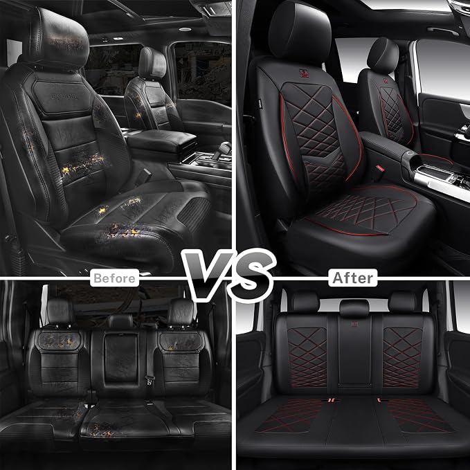 CAR PASS Luxury Nappa Leather Seat Covers Full Set, Water Resistant Faux Leather Seat Cover with Lumbar Support, Breathable Automotive Seat Covers Universal Fit for Sedan SUV Van Truck, Black Red