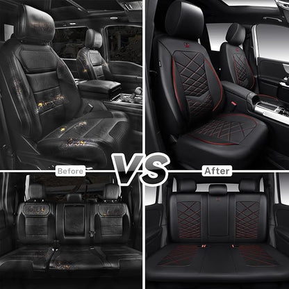 CAR PASS Luxury Nappa Leather Seat Covers Full Set, Water Resistant Faux Leather Seat Cover with Lumbar Support, Breathable Automotive Seat Covers Universal Fit for Sedan SUV Van Truck, Black Red