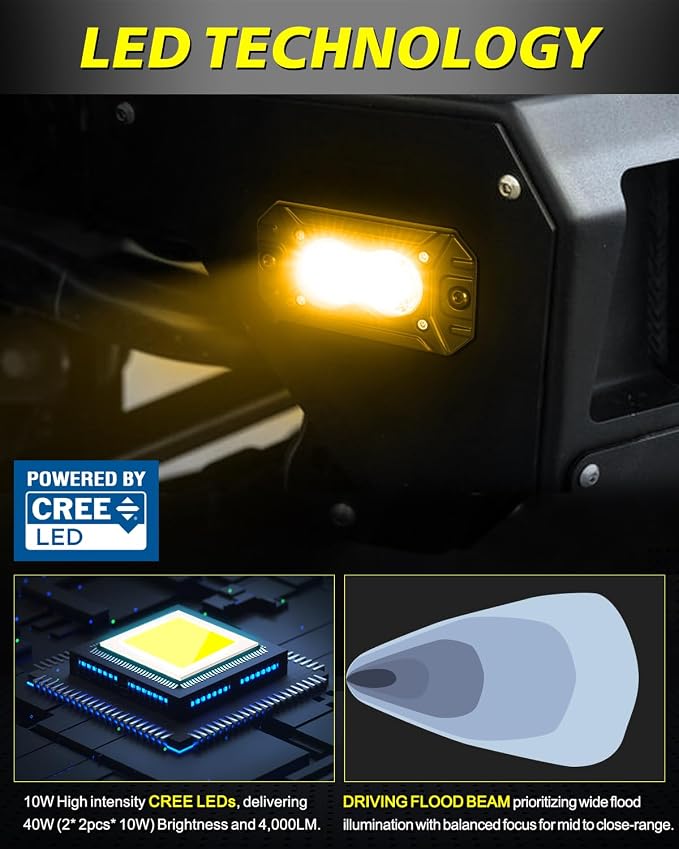 Amber Flush Mount LED Pods, AKD Part Flood CREE LED Flush Mount Fog Lights 40W Amber Chase Lights Bumper Driving Backup Reverse Light Pods for Trucks Pickup SUV UTV ATV Snowmobile