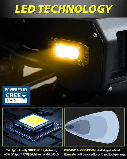Amber Flush Mount LED Pods, AKD Part Flood CREE LED Flush Mount Fog Lights 40W Amber Chase Lights Bumper Driving Backup Reverse Light Pods for Trucks Pickup SUV UTV ATV Snowmobile