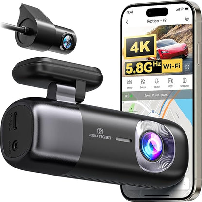 REDTIGER F9 Dash Cam 4K Front and Rear 1080P, 5.8GHz WiFi GPS Car Camera with APP Control, Dual Dash Camera for Cars, Loop Recording, WDR Night Vision, Parking Mode(SD Card Not Included)