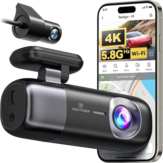REDTIGER F9 & OBD Hardwire Kit, Dash Cam 4K Front and Rear 1080P, 5.8GHz WiFi GPS Car Camera with APP Control, Dual Dash Camera for Cars, Loop Recording(SD Card Not Included)