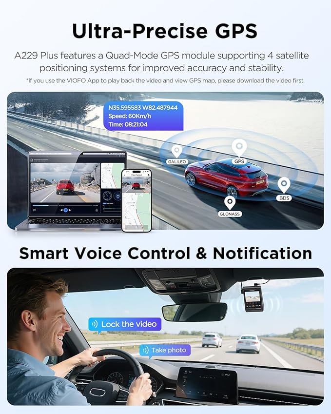 VIOFO A229 Plus Dash Cam Front and Rear, Dual STARVIS 2 Sensors, 2 Channel HDR, 1440P+1440P Voice Control Car Dash Camera, 5GHz Wi-Fi, Voice Control, Ultra-Precise GPS