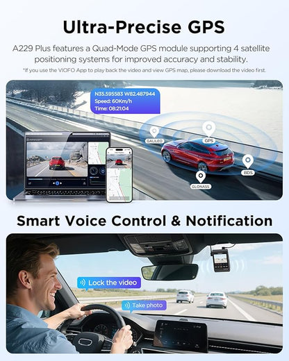VIOFO A229 Plus Dash Cam Front and Rear, Dual STARVIS 2 Sensors, 2 Channel HDR, 1440P+1440P Voice Control Car Dash Camera, 5GHz Wi-Fi, Voice Control, Ultra-Precise GPS