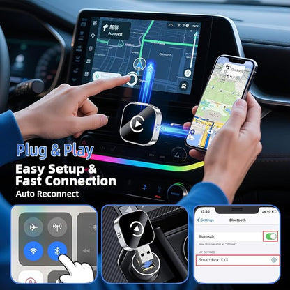 Wireless CarPlay Adapter, 2 in 1 2026 Convert Wired to Wireless CarPlay & Android Auto Adapter, Mini Size with Extension Cable USB & USB-C/Type-C, Stable Car Control & No Delay