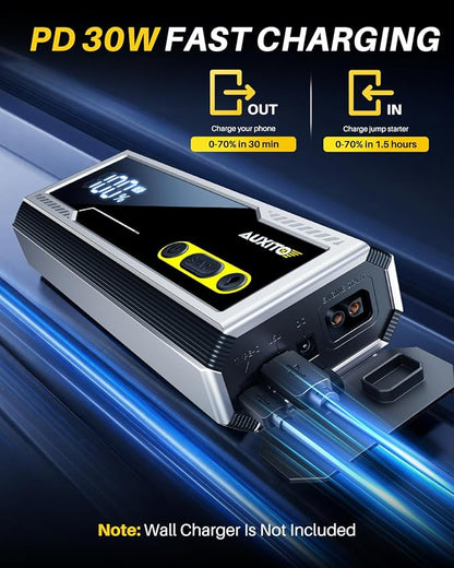 AUXITO 9000A Jump Starter, 12V Car Battery Jump Starter, Up to All Gas/All Diesel Engine with LED Display, 30W Type-C Fast Charging and 168W DC Output, 3-Mode Flashlight, Storage Case