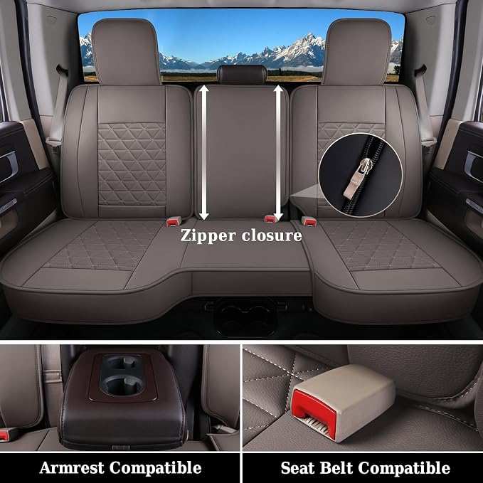 Coverado Dodge Ram Seat Covers Full Set, Waterproof Ram 1500 Seat Cover Compatible with 2002-2026 Dodge RAM 1500 2500 3500 Crew Quad Cab with Curved Bench, Coffee
