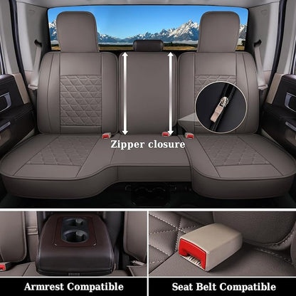 Coverado Dodge Ram Seat Covers Full Set, Waterproof Ram 1500 Seat Cover Compatible with 2002-2026 Dodge RAM 1500 2500 3500 Crew Quad Cab with Curved Bench, Coffee