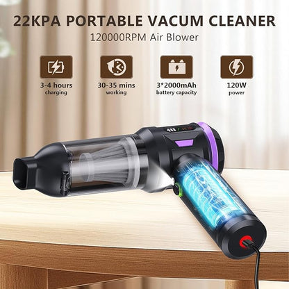 Portable Cordless Car Vacuum, 4-in-1 Handheld with Air Blower, Brushless Motor, 22000Pa Suction, Type-C Fast Charging, LED Light, for Pet Hair Car Home Office, with Case (Black Purple)