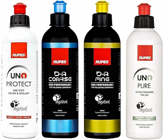 RUPES The Clean Garage New DA System Combo Kit | 4 250ml Bottles | Polish & Compound| Clean Garage Decal Included