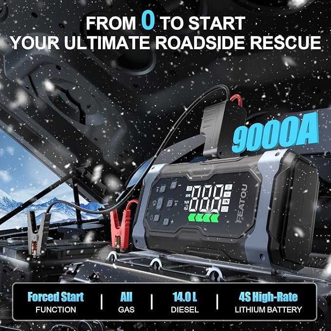 High-Power 9000A Jump Starter with Air Compressor, 12V Car Battery Jump Starter, Portable Jump Box for Car(All Gas/14L Diesel) with Tire Inflator, PD 30W Fast Charge, Forced Boost Battery Jumper