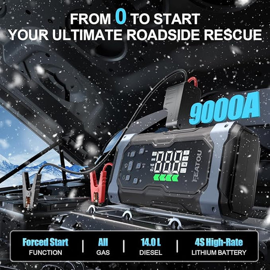 High-Power 9000A Jump Starter with Air Compressor, 12V Car Battery Jump Starter, Portable Jump Box for Car(All Gas/14L Diesel) with Tire Inflator, PD 30W Fast Charge, Forced Boost Battery Jumper