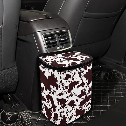 Brown Cow Print Trash Can for Car Portable Garbage Bag with Lid and Zipper Interior Auto Accessories Portable Trash Bin Hanging Backseat Cute Cowhide Multipurpose Multipurpose Trash Bags