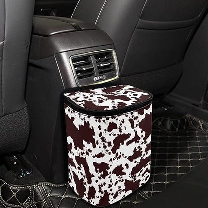 Brown Cow Print Trash Can for Car Portable Garbage Bag with Lid and Zipper Interior Auto Accessories Portable Trash Bin Hanging Backseat Cute Cowhide Multipurpose Multipurpose Trash Bags