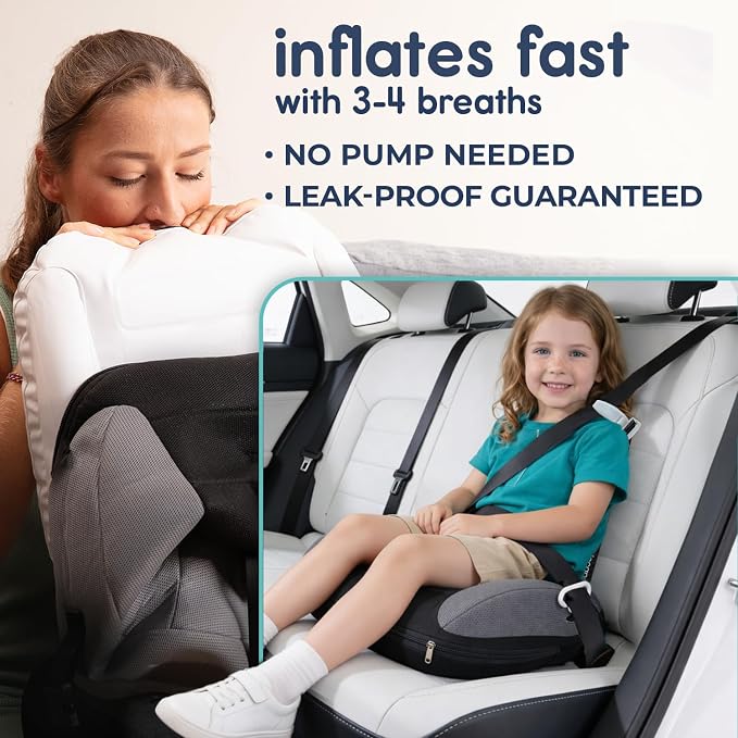 Hiccapop UberBoost Inflatable Booster Car Seat | Blow up Narrow Backless Booster Car Seat for Travel | Portable Booster Seat for Toddlers, Kids, Child | Black/Gray