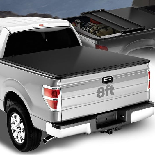 Auto Dynasty Soft Tri-Fold Truck Bed Tonneau Cover Compatible with 2004-2014 Ford F-150 8Ft/96Inch Fleetside Bed, Matte Black Soft Vinyl Top