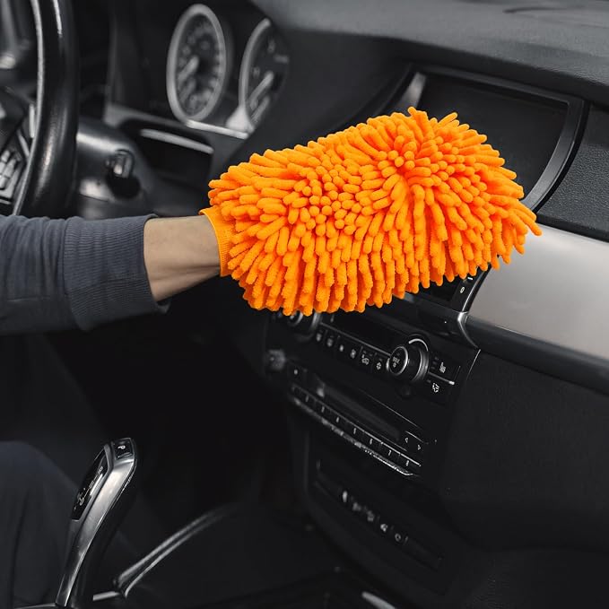 Car Wash Mitt, Chenille Car Washing Glove, Microfiber Mitt Scratch Free, Double-Sided Thickened Gloves (Orange/Green,4P)