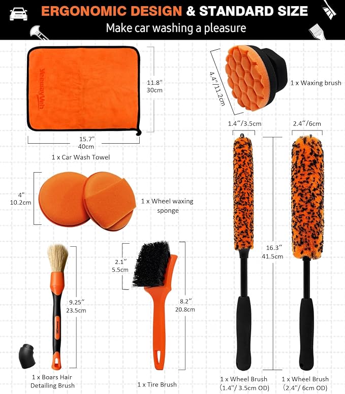 YeewayVeh 8PCS Ultimate Wheel and Tire Brush Kit | 2-Size 360° Bendable Wheel Brushes, Boar Hair Detailing Brush, Tire Shine Applicators & Microfiber Towel, Car Wheel Detailing Cleaning Supplies Kit