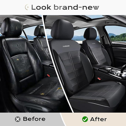 Coverado Front Seat Leather Covers, Full Leather Construction with Carbon Fibre Weave, Universal Fit for Most Cars SUV Trucks (Black)