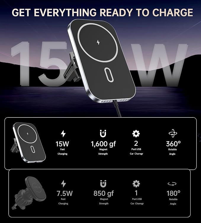 Mukiya for MagSafe Car Mount Charger with Adapter, 360° Rotation Magnetic Wireless iPhone Car Charger for Air Vent, Compatible with iPhone 17/16/15/14/13/12 Series, Gifts for Husband/Men