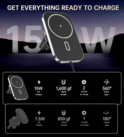 Mukiya for MagSafe Car Mount Charger with Adapter, 360° Rotation Magnetic Wireless iPhone Car Charger for Air Vent, Compatible with iPhone 17/16/15/14/13/12 Series, Gifts for Husband/Men