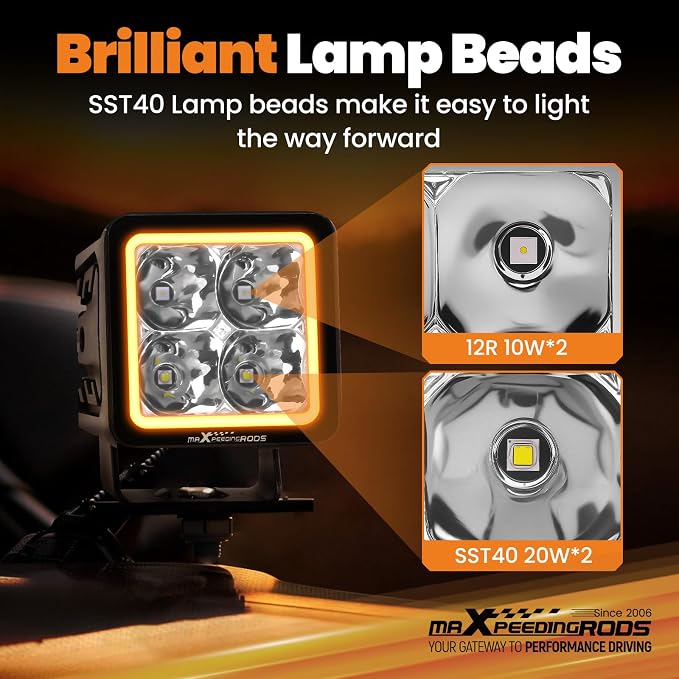 maXpeedingrods 3 Inch 120W LED Pod Lights 12000LM Offroad Light with White/Amber DRL, 5 Modes LED Cube Ditch Lights with Wiring Harness, Spot Light Bar for Jeep Truck UTV ATV Pickup Motorcycle, 2 Pcs