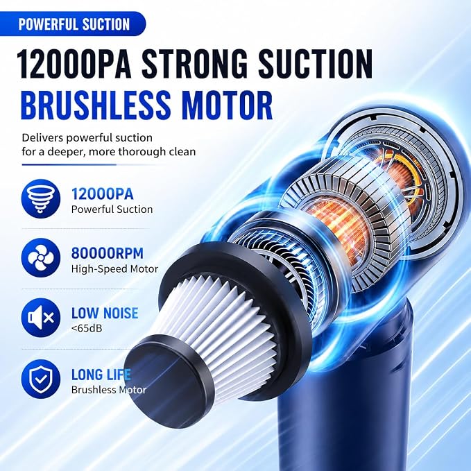 Car Vacuum Cleaner Cordless, 120W high Power Portable Mini Vacuum with 12000Pa Hand Held Vacuum Strong Suction, Electric Compressed Air Duster Blower for Car, Desk, Keyboard, Home