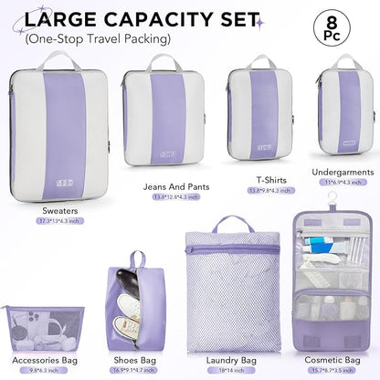 OlarHike 8 Set Compression Packing Cubes for Travel Essentials,Compressible Expandable Space Saver Bags for Organizing Clothes,Luggage Suitcase Garment Bags with Over 1000 pcs Mesh Holes(Purple Gray)