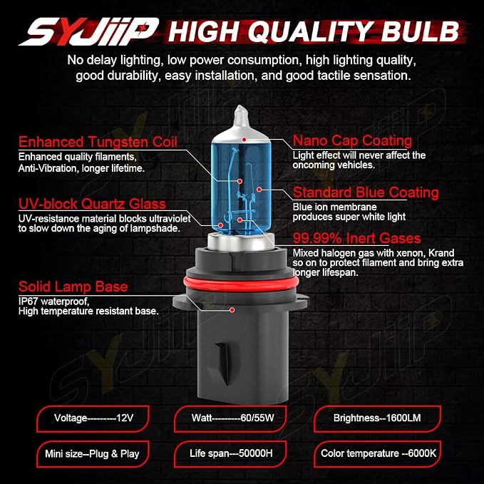 Headlight Bulbs Compatible for Ford Explorer Sport Trac 2001 2002 2003 2004 2005, HB5 9007 High Low Beam 9145 Fog Light Halogen Lights, 6000K White, 300% Brightness, Plug N Play, Pack of 4