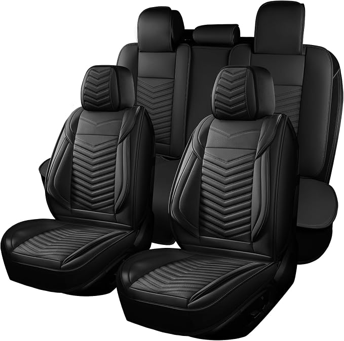 HChengkikz Nappa Leather Car Seat Covers Full Set, Black Car seat Protector 5 Seats, Waterproof Car Seat Cushion, Universal Automotive Seat Covers Fit for SUV Truck Pick-up Sedan, Front and Rear
