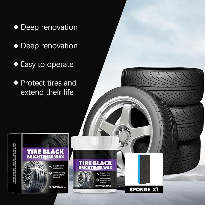 Tire Shine Wax Coating Paste, Car Tire Black Shine with Conditioners, Resists Water & Sunshine Fading, Tire Cleaner with Applicators for Cars, Trucks, Motorcycles, 3.53 Oz