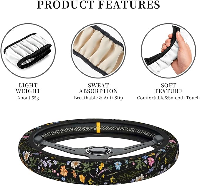 Cute Wildflower Steering Wheel Cover for Women, Universal Auto Steering Wheel 14-15 Inch Car Interior Accessories with 2PCS Car Coasters, Suitable for Men and Women