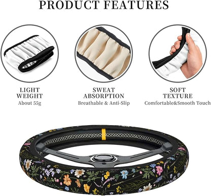 Cute Wildflower Steering Wheel Cover for Women, Universal Auto Steering Wheel 14-15 Inch Car Interior Accessories with 2PCS Car Coasters, Suitable for Men and Women