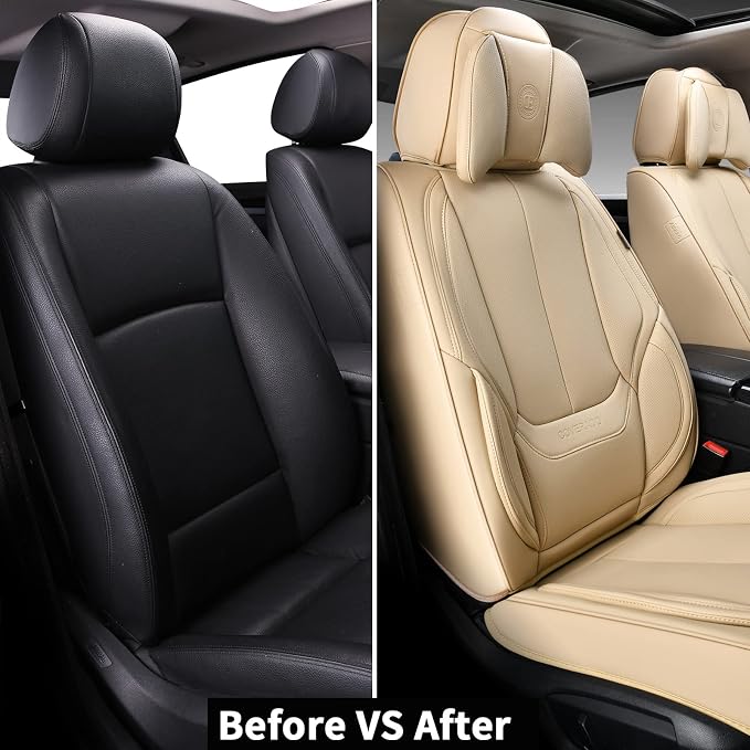 Coverado Universal Seat Covers Front, 2-Pack Universal Seat Covers for Cars, Waterproof Nappa Leather Car Seat Covers with Head Pillow, Auto Protectors Fit for Most Sedans SUV Pick-up Truck-Beige