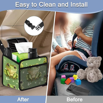 Car Backseat Organizer, PU Leather Back of Seat Cars Hanging Organizer with Pockets Leakproof Car Garbage Bag Hanging Cars Seat Storage Box Travel Accessories Foldable (Green Frog)